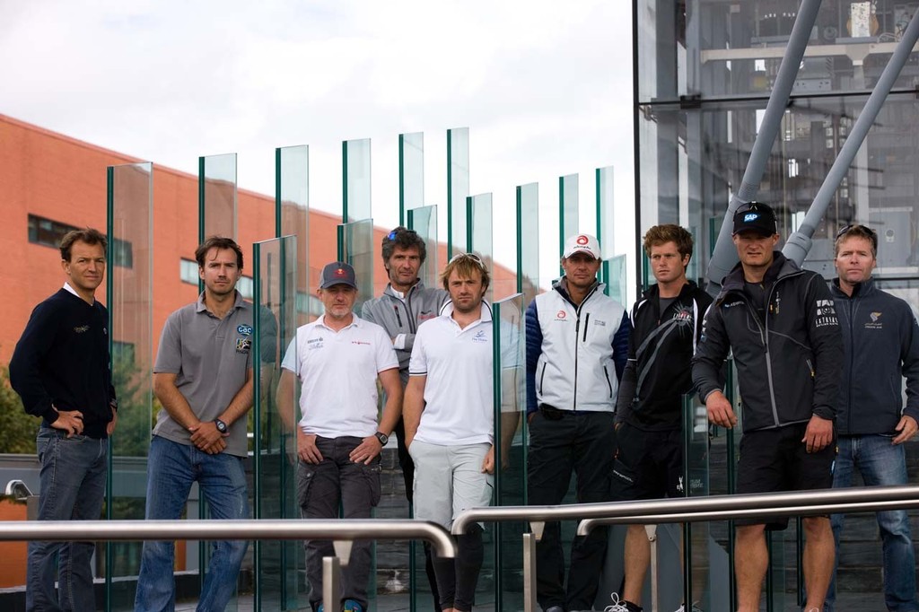 The Extreme Sailing Series skippers gather for an Act 5, Cardiff photo call. From left: Pierre Pennec, Andrew Walsh, Roman Hagara, Erik Maris, Leigh McMillan, Ernesto Bertarelli, Dave Evans, Rasmus Kostner and Morgan Larson.  © Lloyd Images http://lloydimagesgallery.photoshelter.com/