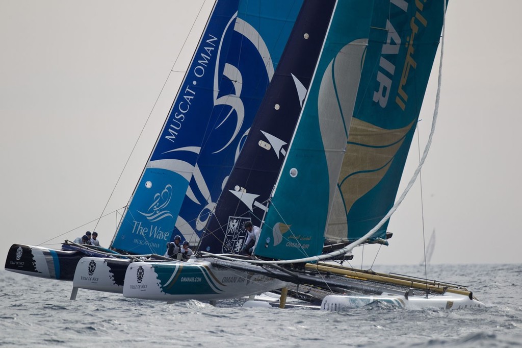 Top contenders going into the final day in Nice, The Wave, Muscat, Groupe Edmond de Rothschild and Oman Air go head to hear. - 2012 Extreme Sailing Series Act 7 photo copyright Lloyd Images http://lloydimagesgallery.photoshelter.com/ taken at  and featuring the  class