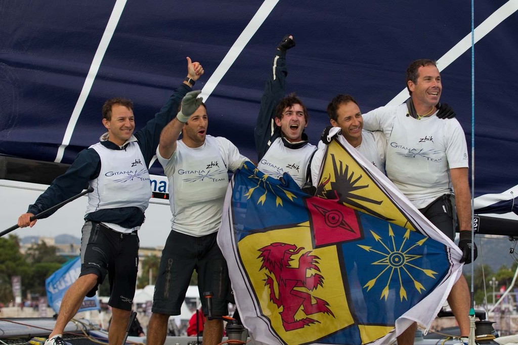 Pierre Pennec and his team, Groupe Edmond de Rothschild, celebrate their first place finish on homewaters in Nice for the second year in a row. © Lloyd Images http://lloydimagesgallery.photoshelter.com/