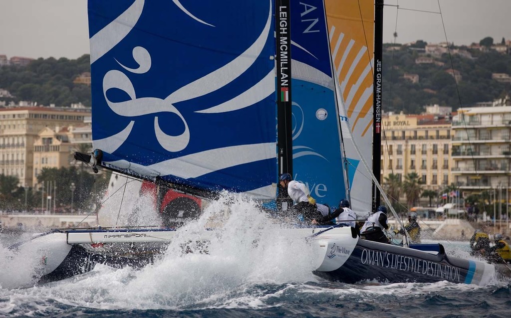 Spray flies off The Wave, Muscat as they chase the fleet downwind - 2012 Extreme Sailing Series Act 7 photo copyright Lloyd Images http://lloydimagesgallery.photoshelter.com/ taken at  and featuring the  class