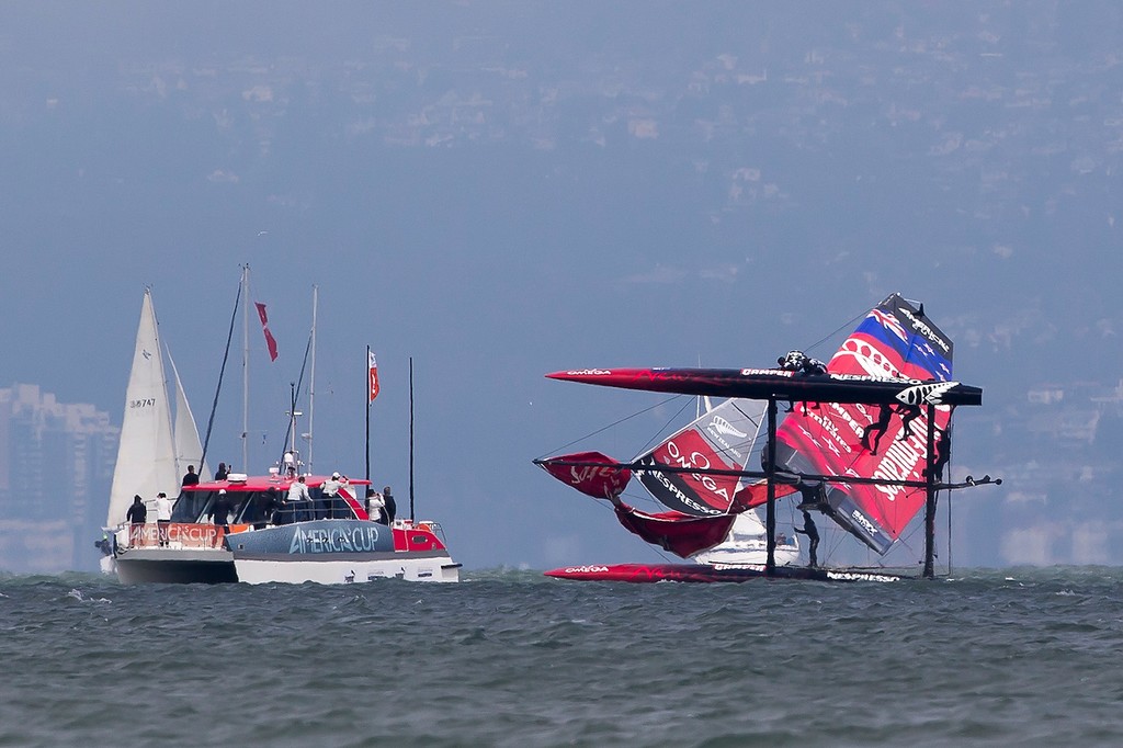 Emirates Team NZ righting - Practice day, August 21st 2012, AC45 World Series San Francisco. © Sander van der Borch / Artemis Racing http://www.sandervanderborch.com