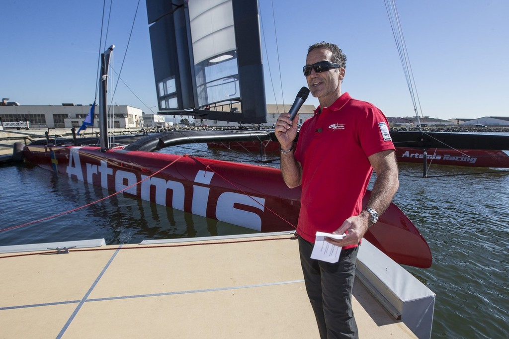 Artemis Racing christened their AC72 today in Alameda. Barbro Osher, Consul General of Sweden in San Francisco and Godmother of Artemis, christened the AC72 in the presence of the entire team and their families, 3 November 2012, Alameda, USA photo copyright Sander van der Borch / Artemis Racing http://www.sandervanderborch.com taken at  and featuring the  class