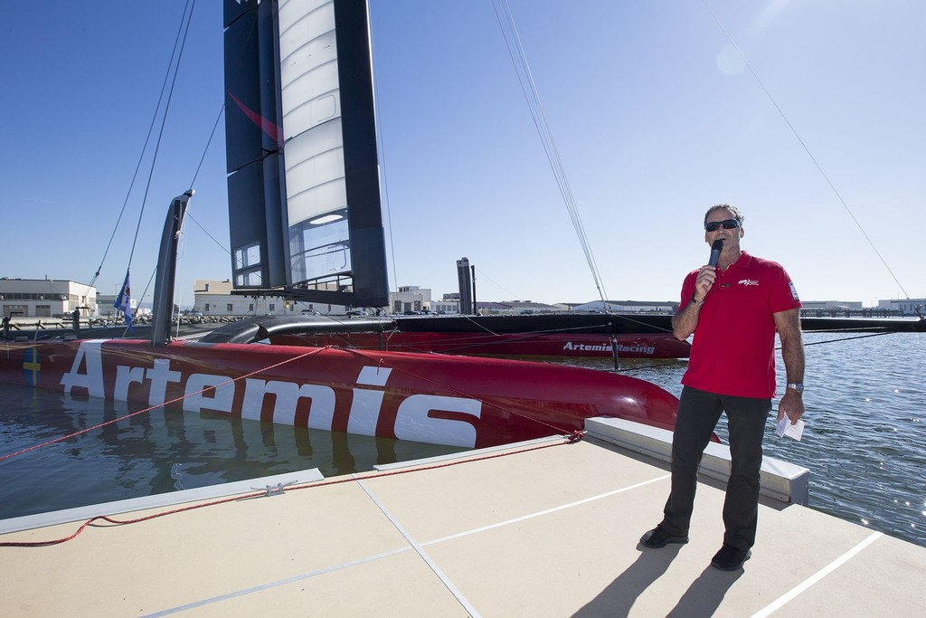 Artemis Racing christened their AC72 today in Alameda. Barbro Osher, Consul General of Sweden in San Francisco and Godmother of Artemis, christened the AC72 in the presence of the entire team and their families, 3 November 2012, Alameda, USA photo copyright Sander van der Borch / Artemis Racing http://www.sandervanderborch.com taken at  and featuring the  class