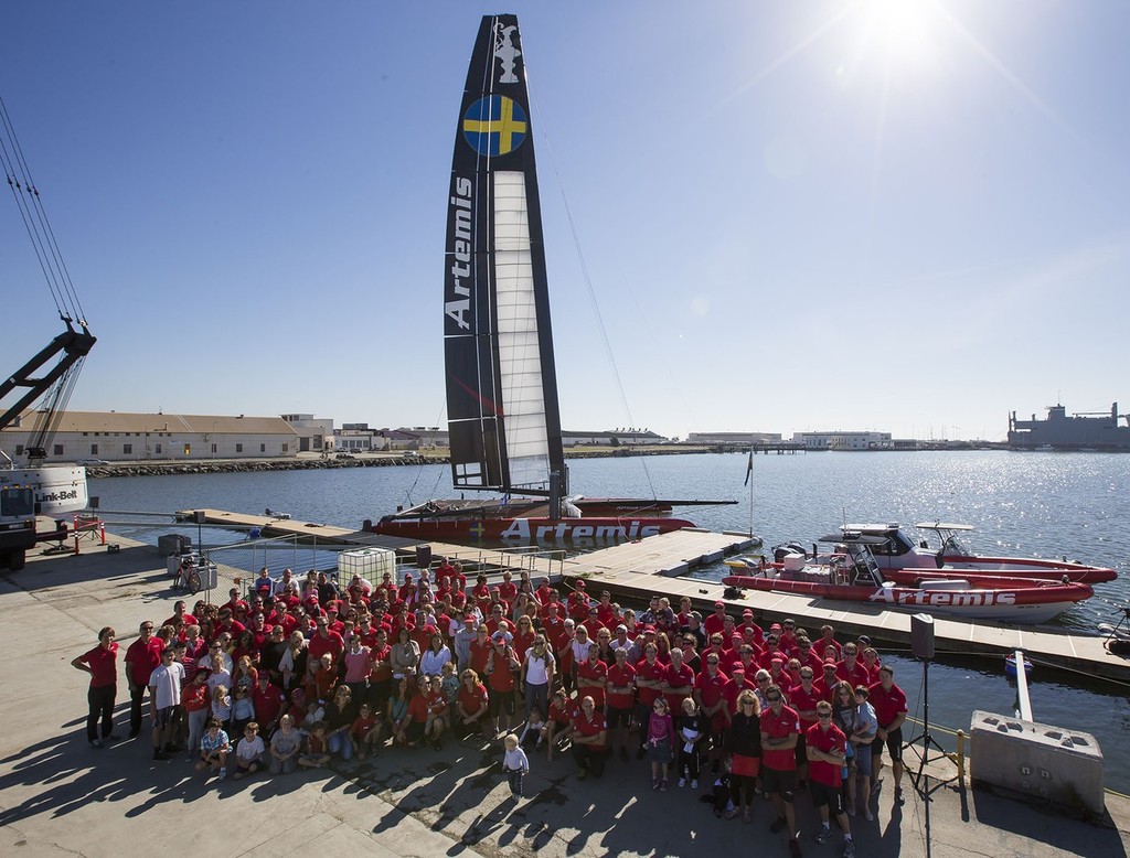 Artemis Racing christened their AC72 today in Alameda. Barbro Osher, Consul General of Sweden in San Francisco and Godmother of Artemis, christened the AC72 in the presence of the entire team and their families, 3 November 2012, Alameda, USA photo copyright Sander van der Borch / Artemis Racing http://www.sandervanderborch.com taken at  and featuring the  class