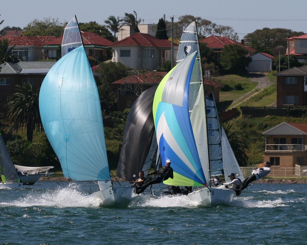 Queensland’s Andrew Triggell and Chris Anderson fight to keep clear air from Ayden Menzies and Lachlan Hornby - 50th Aniversary Cherub National Championships © Fiona Lunsmann