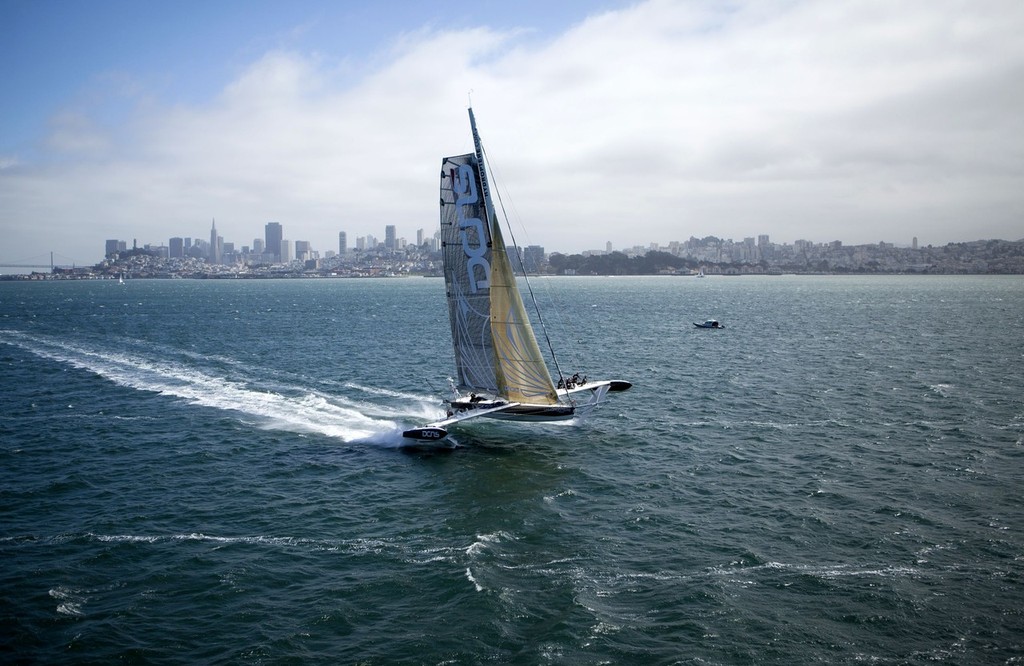 Aerial photo shoot of L’Hydroptère DCNS, Alain Thébault and his crew (Jacques Vincent, Yves Parlier, Jean Le Cam, Robert Douglas) sailing in San Francisco, California, USA. © Christophe Launay