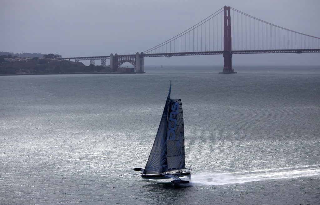 Aerial photo shoot of L’Hydroptère DCNS, Alain Thébault and his crew (Jacques Vincent, Yves Parlier, Jean Le Cam, Robert Douglas) sailing in San Francisco, California, USA. © Christophe Launay