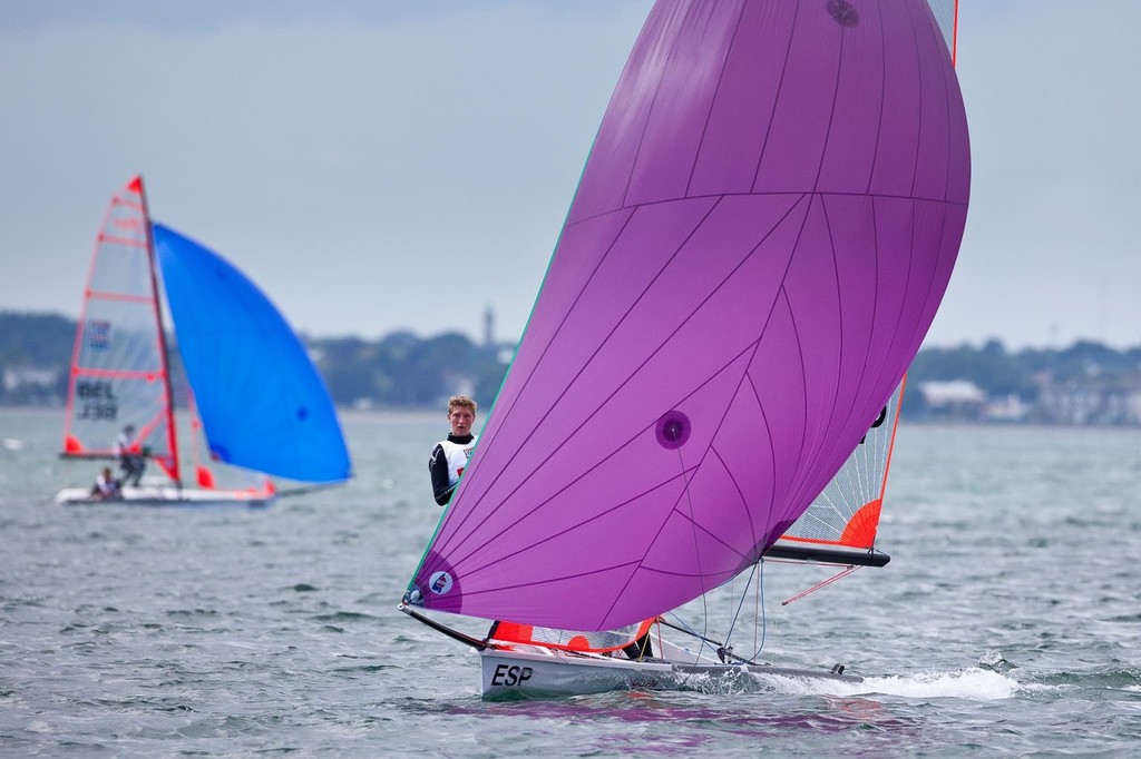 Day 4 - Spain’s Florian Trittel in the 29er skiff class at the ISAF Youth World Sailing Championships sponsored by Four Star Pizza on Dublin Bay, photo copyright ISAF Youth Worlds http://www.isafyouthworlds.com taken at  and featuring the  class