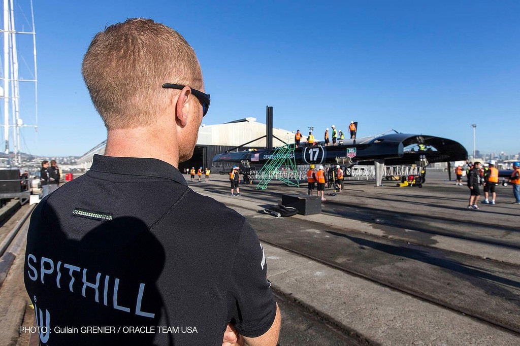 Skipper Jimmy Spithill watches Oracle Team USA’s AC72 come out of the shed, in San Francisco © Guilain Grenier Oracle Team USA http://www.oracleteamusamedia.com/