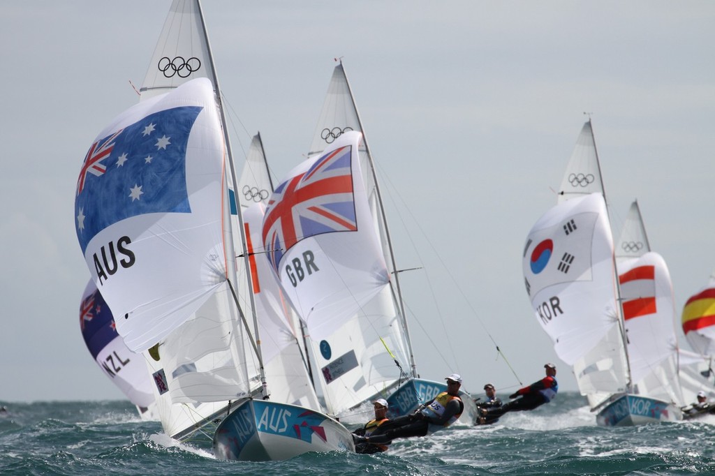 Lead group heading for the finish - Day 9 2012 Olympic Regatta, Weymouth photo copyright Richard Gladwell www.photosport.co.nz taken at  and featuring the  class