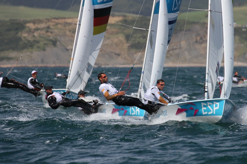 Spain followed by Israel - Day 9 2012 Olympic Regatta, Weymouth photo copyright Richard Gladwell www.photosport.co.nz taken at  and featuring the  class