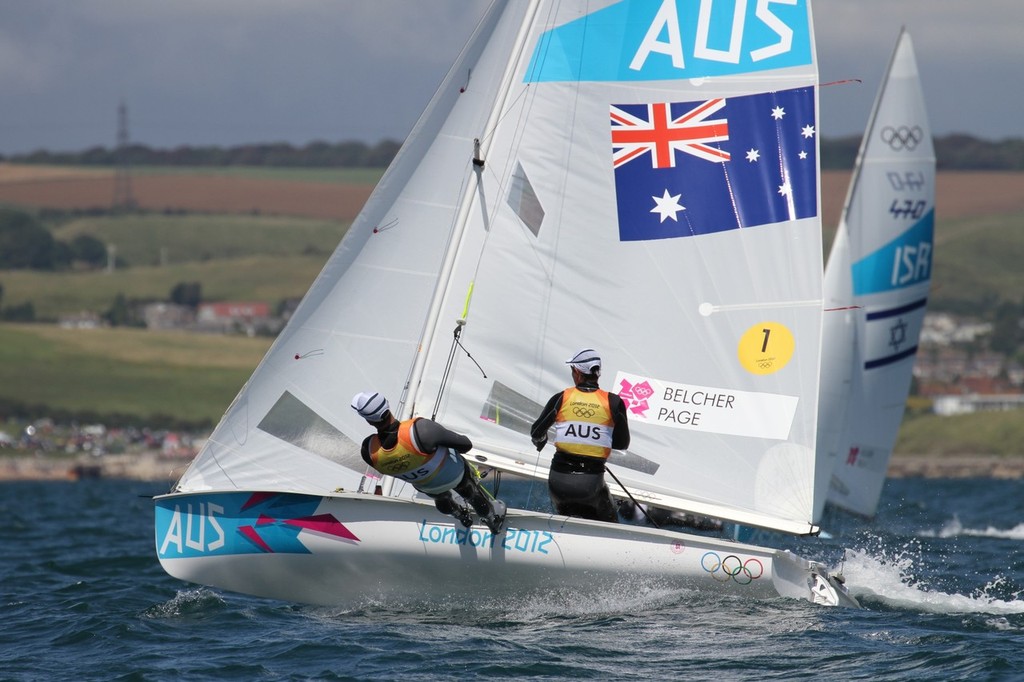 Malcom Page and Mathew Belcher (AUS) Day 9 2012 Olympic Regatta, Weymouth photo copyright Richard Gladwell www.photosport.co.nz taken at  and featuring the  class