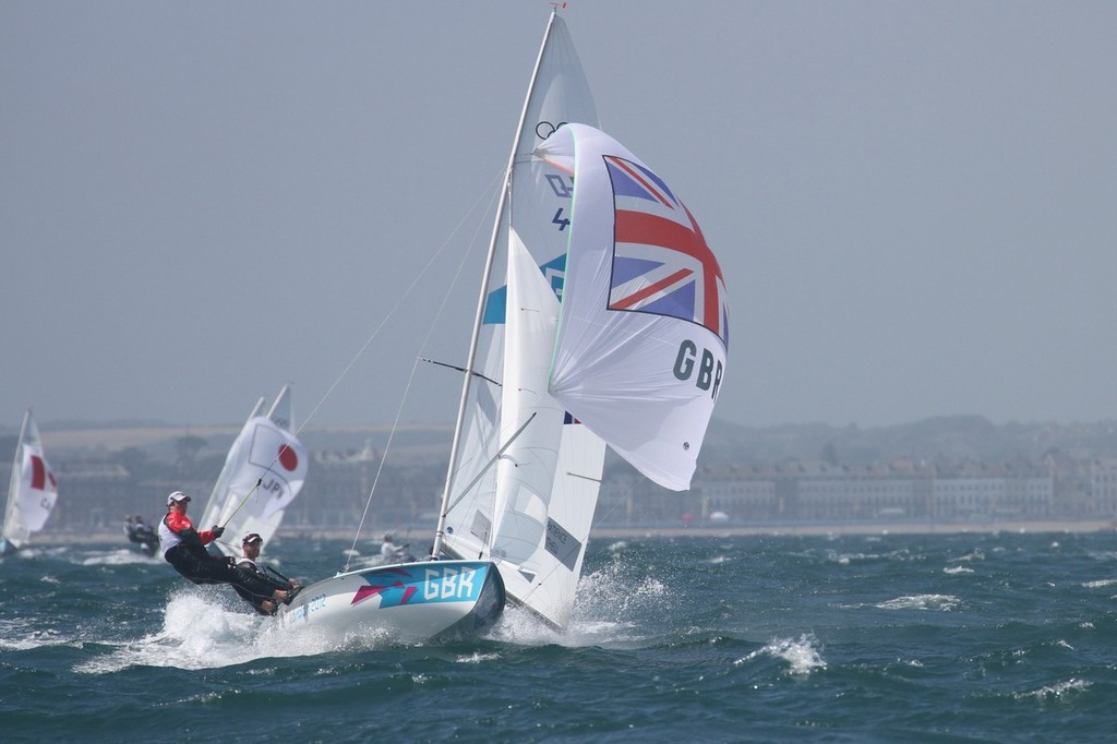 August 1, 2012 - Weymouth, England - 470 Men - Luke Patience and Stuart Bithell (GBR) lead the first race of the Mens 470 © Richard Gladwell www.photosport.co.nz