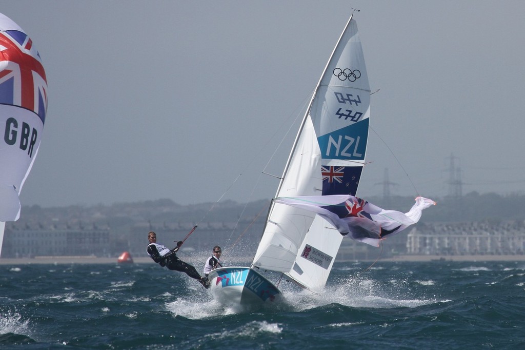 August 1, 2012 - Weymouth, England - 470 Men - Paul Snow -Hansen and Jason Saunders sailing in their first ever Olympic race, flog their spinnaker in second place on Race 1 © Richard Gladwell www.photosport.co.nz