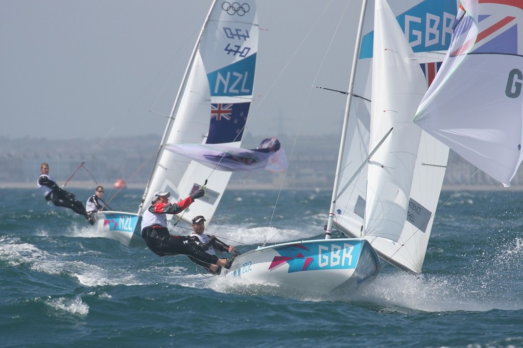 August 1, 2012 - Weymouth, England - 470 Men - Luke Patience and Stuart Bithell (GBR) lead the first race of the Mens 470 © Richard Gladwell www.photosport.co.nz