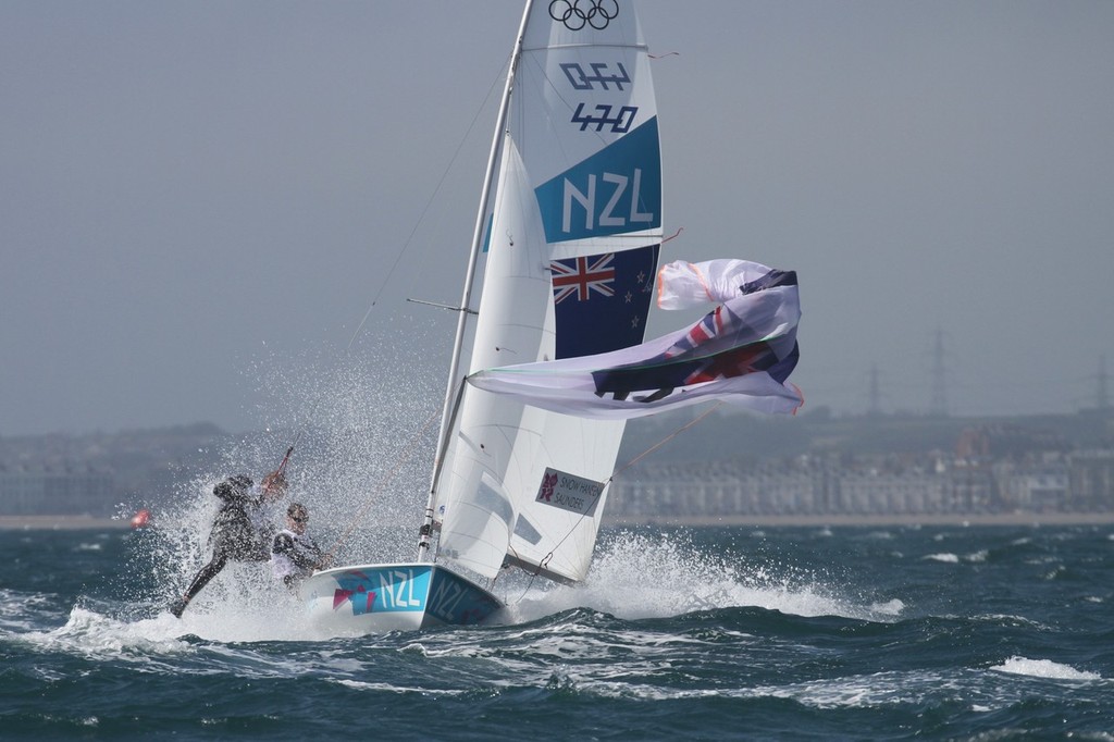 470 Men - Paul Snow -Hansen and Jason Saunders (NZL) sailing in their first  Olympic race, have a little strife while in second place in Race 1 © Richard Gladwell www.photosport.co.nz