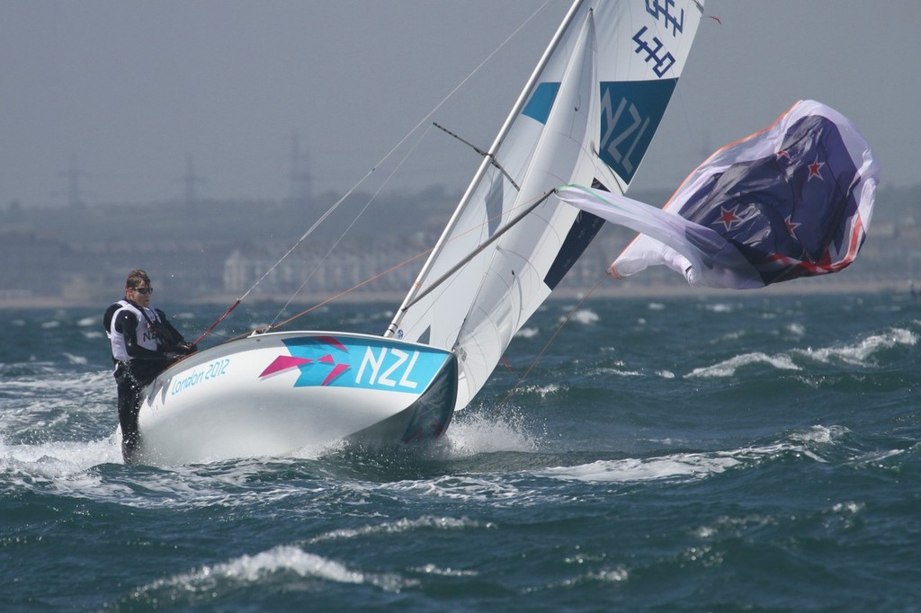August 1, 2012 - Weymouth, England - 470 Men - Paul Snow -Hansen and Jason Saunders (NZL) sailing in their first  Olympic race, effect a recovery at the gybe mark © Richard Gladwell www.photosport.co.nz