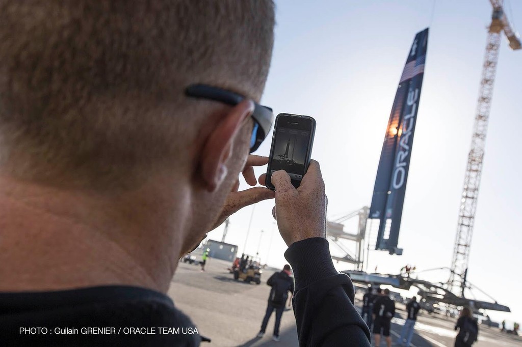 Skipper Jimmy Spithill watches Oracle Team USA’s AC72 come out of the shed, in San Francisco © Guilain Grenier Oracle Team USA http://www.oracleteamusamedia.com/