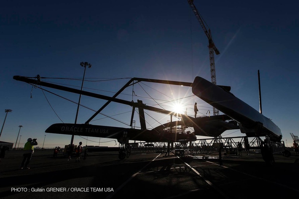 Oracle Team USA before test raising their wingsail onto the AC72, in San Francisco © Guilain Grenier Oracle Team USA http://www.oracleteamusamedia.com/