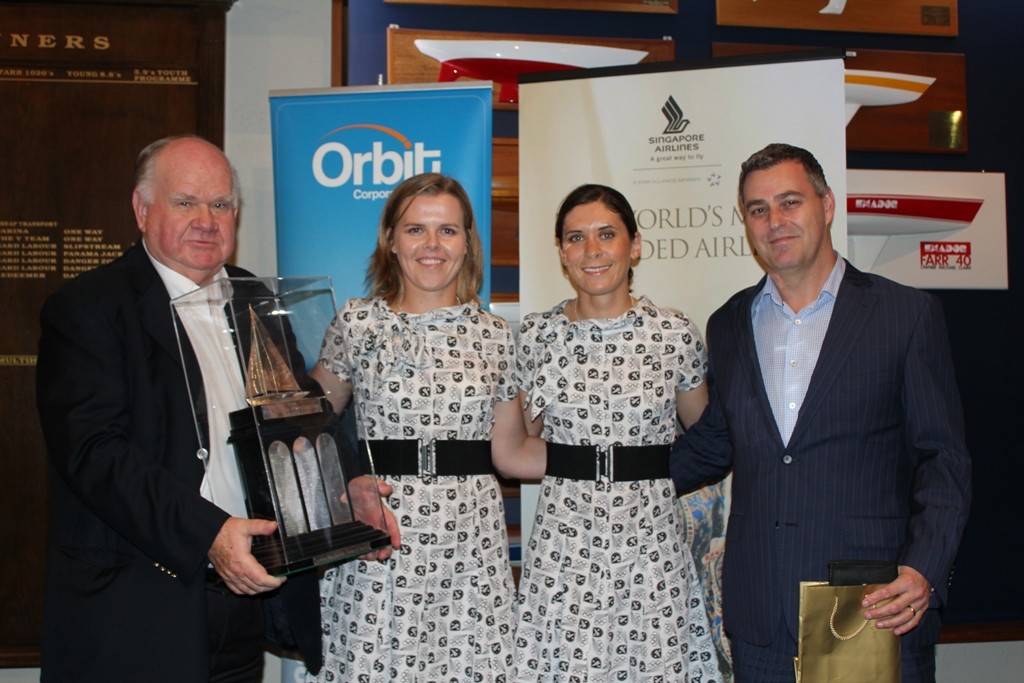 Sir Colin Giltrap presents Jo Aleh and Polly Powrie the Sir Bernard Fergusson Trophy for 2012 Orbit Corporate Travel Sailor of the Year together with Brendan Drury of Orbit Corporate Travel - 2012 Yachting Excellence Awards photo copyright Jodie Bakewell-White taken at  and featuring the  class