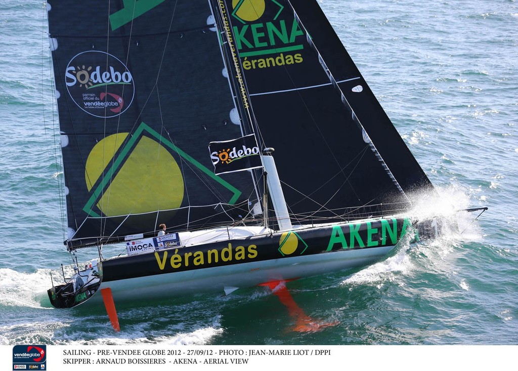 SAILING - PRE-VENDEE GLOBE 2012 - 27/09/12 - PHOTO : JEAN-MARIE LIOT / DPPI - SKIPPER : ARNAUD BOISSIERES  - AKENA - AERIAL VIEW
 photo copyright Jean-Marie Liot / DPPI / Vendée Globe http://www.vendeeglobe.org taken at  and featuring the  class