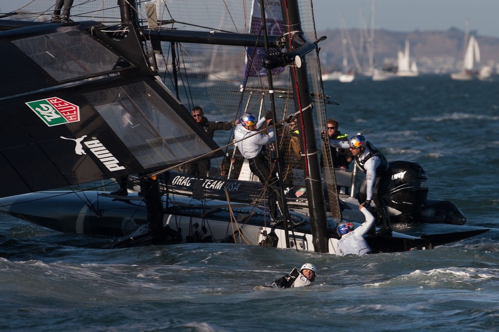 Oracle Spithill pitchpoles at the first mark of the fleet racing on Day 4 of the America’s Cup World Series photo copyright ACEA - Photo Gilles Martin-Raget http://photo.americascup.com/ taken at  and featuring the  class