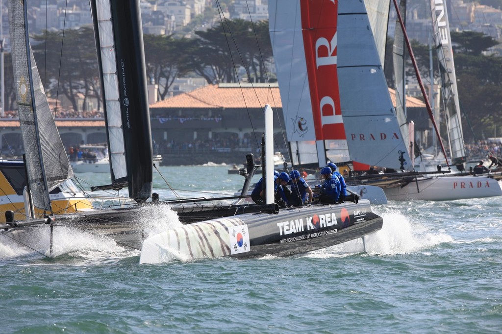 Peter Burling on Team Korea led for a time in the Final of the Fleet Racing - America’s Cup World Series San Francisco 2012 October, Final Race Day © ACEA - Photo Gilles Martin-Raget http://photo.americascup.com/