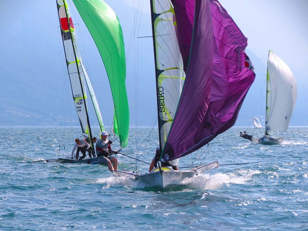 AUS James Sly and Tom Dwyer in a take down at the leeward gate - 2012 49er European and  Youth World Championship photo copyright Dan Cunningham taken at  and featuring the  class