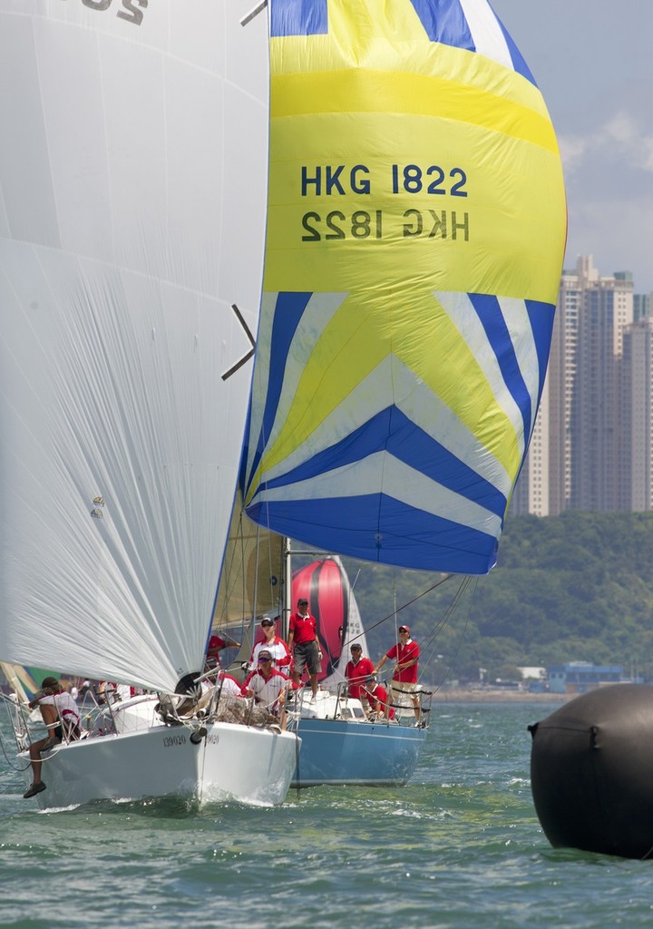 RHKYC Autumn Regatta 2012 - races 2 and 3 - Red Kite 2 leads Rampage down the run ©  RHKYC/Guy Nowell http://www.guynowell.com/