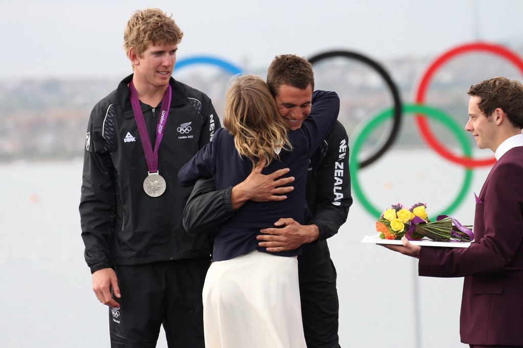  August 7, 2012 - Weymouth, England - Blair Tuke and Peter Burling receive their Silver medals from Barbara Kendall photo copyright Richard Gladwell www.photosport.co.nz taken at  and featuring the  class