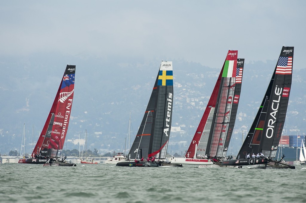 Emirates Team New Zealand gets a good start in the first fleet race on day four of the  America's Cup World Series, San Francisco. 25/8/2012 photo copyright Chris Cameron/ETNZ http://www.chriscameron.co.nz taken at  and featuring the  class