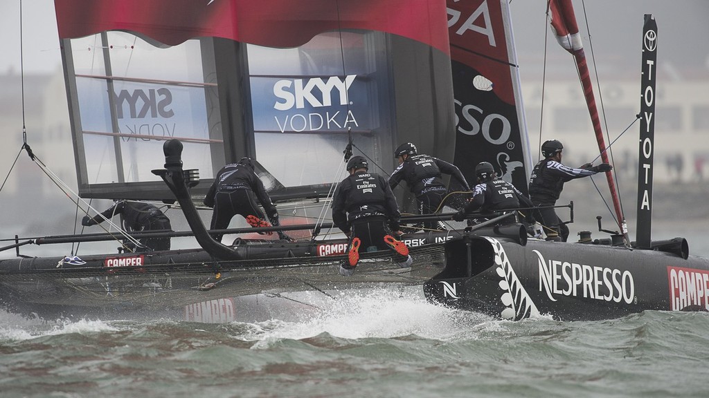 Emirates Team New Zealand lead Artemis Racing Red around all the way around the course in their Match race on day one of the America’s Cup World Series, San Francisco.  © Chris Cameron/ETNZ http://www.chriscameron.co.nz