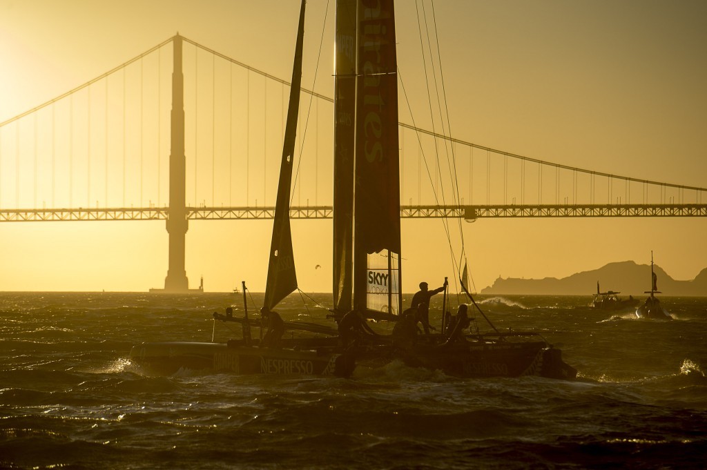 Emirates Team NZ racing in the sunset on Day 4 of the America’s Cup World Series, San Francisco © Chris Cameron/ETNZ http://www.chriscameron.co.nz
