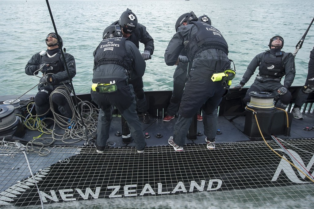Raising the Genoa. Emirates Team New Zealand. Day 13 of testing for the team’s first AC72. Hauraki Gulf, Auckland.  © Chris Cameron/ETNZ http://www.chriscameron.co.nz