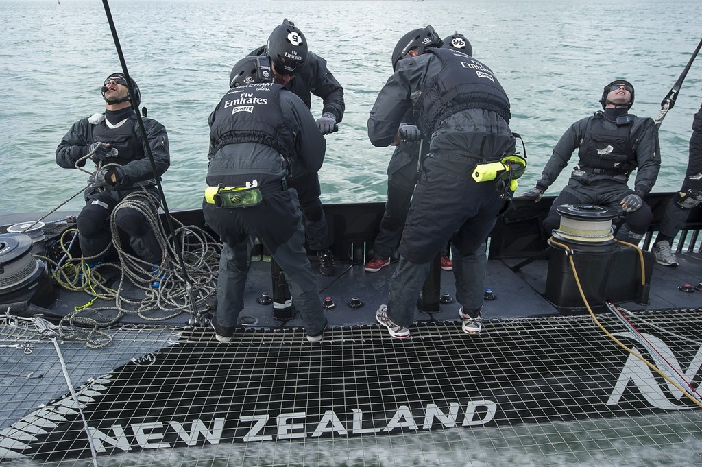 Raising the Genoa. Emirates Team New Zealand. Day 13 of testing for the team’s first AC72. Hauraki Gulf, Auckland. photo copyright Chris Cameron/ETNZ http://www.chriscameron.co.nz taken at  and featuring the  class