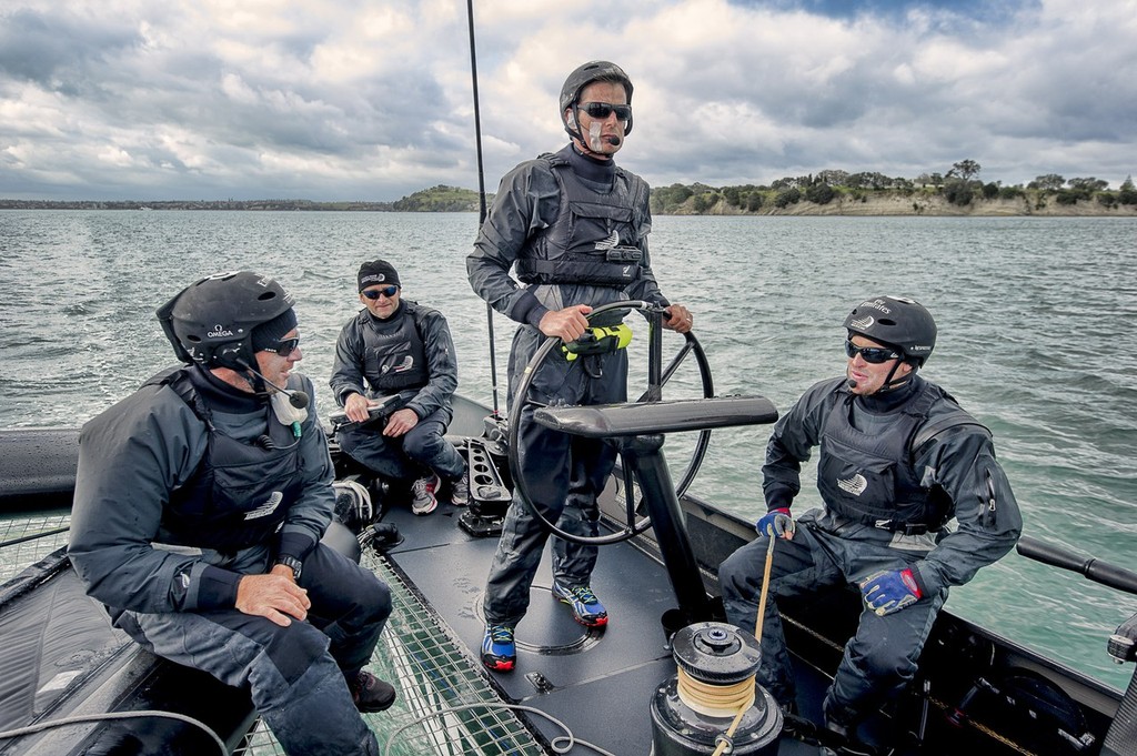 Ray Davies, Luc Dubois, Dean Barker and Glenn Ashby. Emirates Team New Zealand. Day 13 of testing for the team’s first AC72. Hauraki Gulf, Auckland.  © Chris Cameron/ETNZ http://www.chriscameron.co.nz