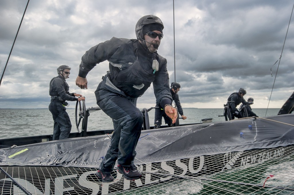 Ray Davies sprints across the tramp  during a gybe. The trick is stopping when you  reach the other side © Chris Cameron/ETNZ http://www.chriscameron.co.nz