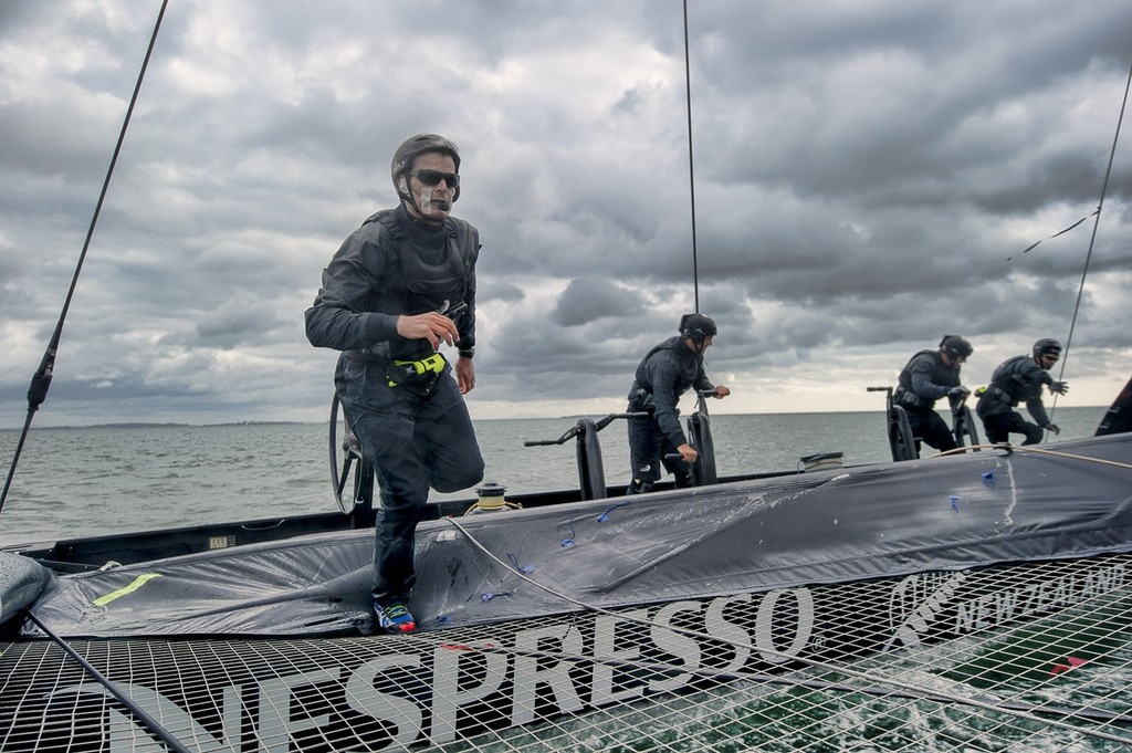 Dean Barker sprints across the tramp  during a Gybe. Emirates Team New Zealand. Day 13 of testing for the team’s first AC72. Hauraki Gulf, Auckland.  © Chris Cameron/ETNZ http://www.chriscameron.co.nz