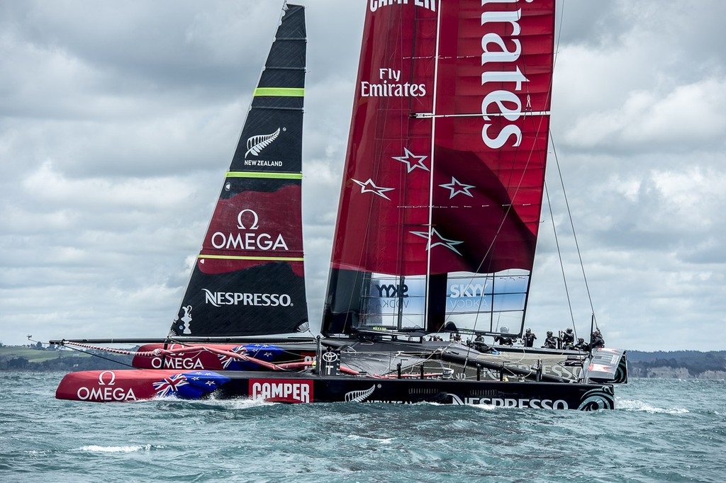 Emirates Team New Zealand’s AC72 flies upwind at 20kts finishing a racing session on the Hauraki Gulf © Chris Cameron/ETNZ http://www.chriscameron.co.nz
