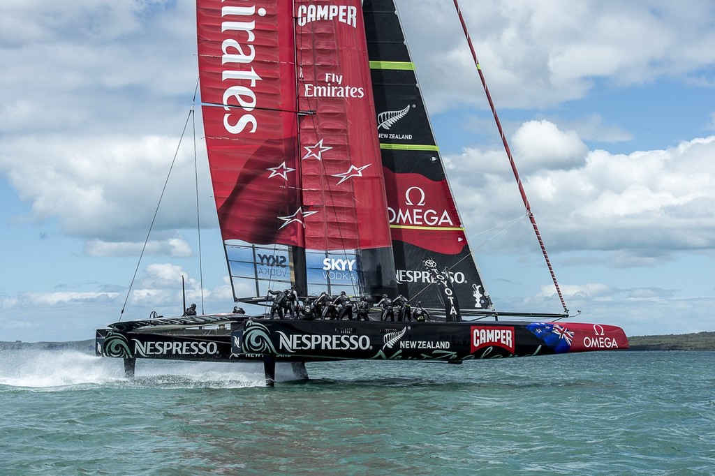 The camera creates a foiling illusion -  Emirates Team NZ - Hauraki Gulf November 16, 2012. actually only on one daggerboard © Chris Cameron/ETNZ http://www.chriscameron.co.nz