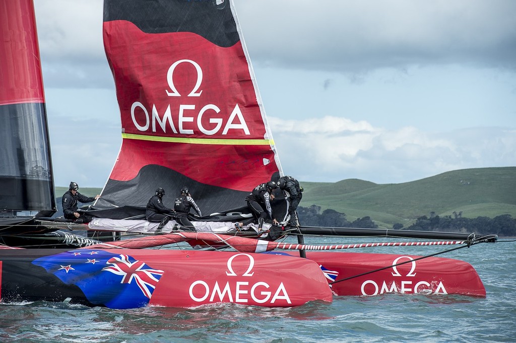 Ready for the tow home - Emirates Team NZ - Hauraki Gulf November 16, 2012 © Chris Cameron/ETNZ http://www.chriscameron.co.nz
