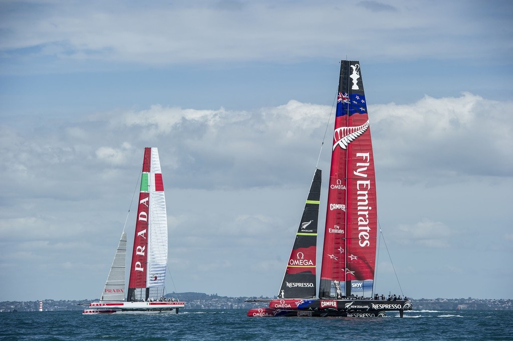 Luna Rossa and Emirates Team New Zealand in the first race between AC72s. Hauraki Gulf. Auckland. 20/11/2012 © Chris Cameron/ETNZ http://www.chriscameron.co.nz