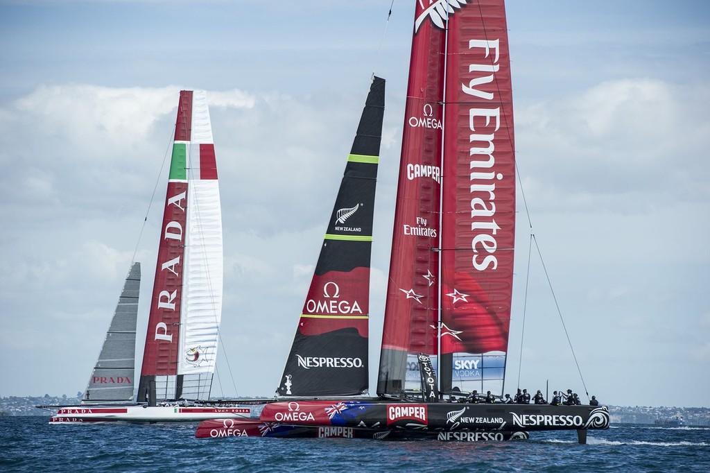 Luna Rossa and Emirates Team New Zealand in the first race between AC72s. Hauraki Gulf. Auckland. 20/11/2012 © Chris Cameron/ETNZ http://www.chriscameron.co.nz