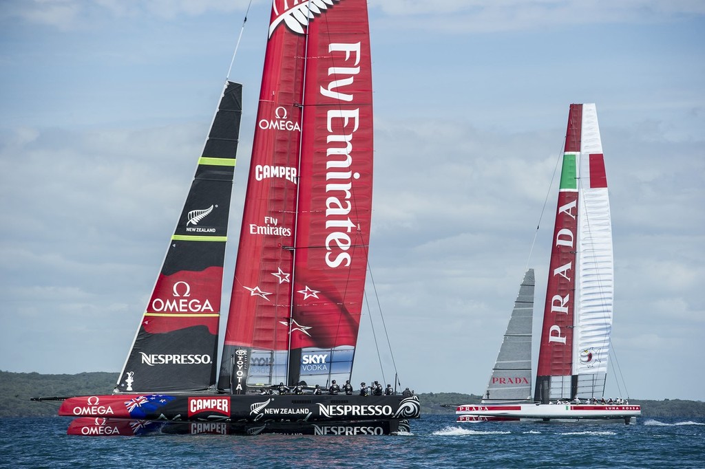 Luna Rossa and Emirates Team New Zealand in the first race between AC72s. Hauraki Gulf. Auckland. 20/11/2012 © Chris Cameron/ETNZ http://www.chriscameron.co.nz