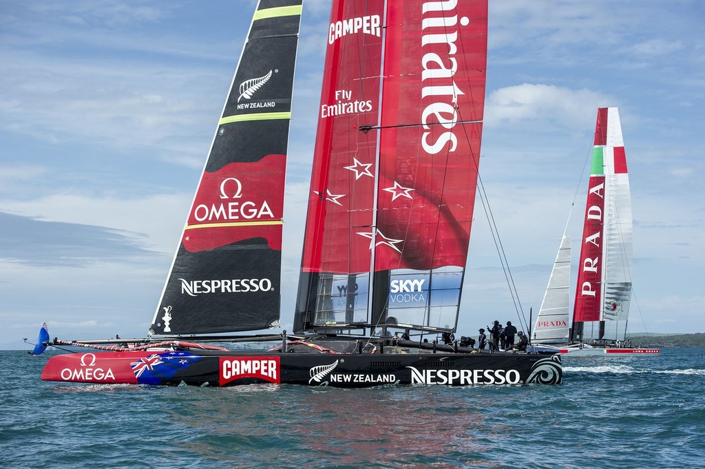 Luna Rossa and Emirates Team New Zealand in the second race between AC72s. Hauraki Gulf. Auckland. 20/11/2012 © Chris Cameron/ETNZ http://www.chriscameron.co.nz