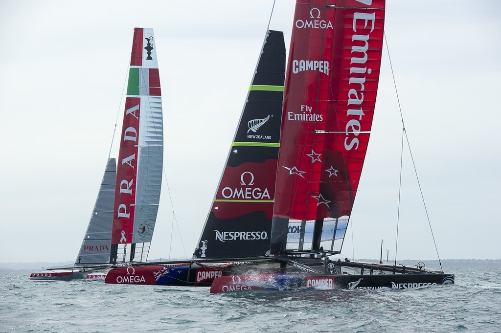 Emirates Team New Zealand and Luna Rossa practice racing in the Hauraki Gulf. photo copyright Chris Cameron/ETNZ http://www.chriscameron.co.nz taken at  and featuring the  class