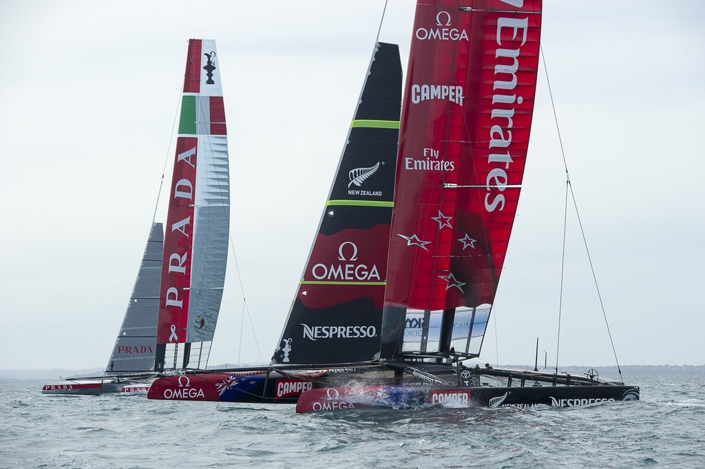 Emirates Team New Zealand and Luna Rossa practice racing in the Hauraki Gulf.  © Chris Cameron/ETNZ http://www.chriscameron.co.nz