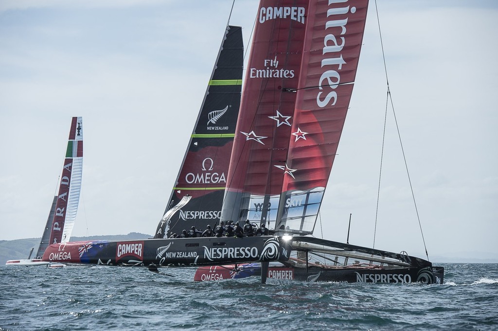 Emirates Team New Zealand and Luna Rossa practice racing their AC72s on the Hauraki Gulf. 3/12/2012 © Chris Cameron/ETNZ http://www.chriscameron.co.nz