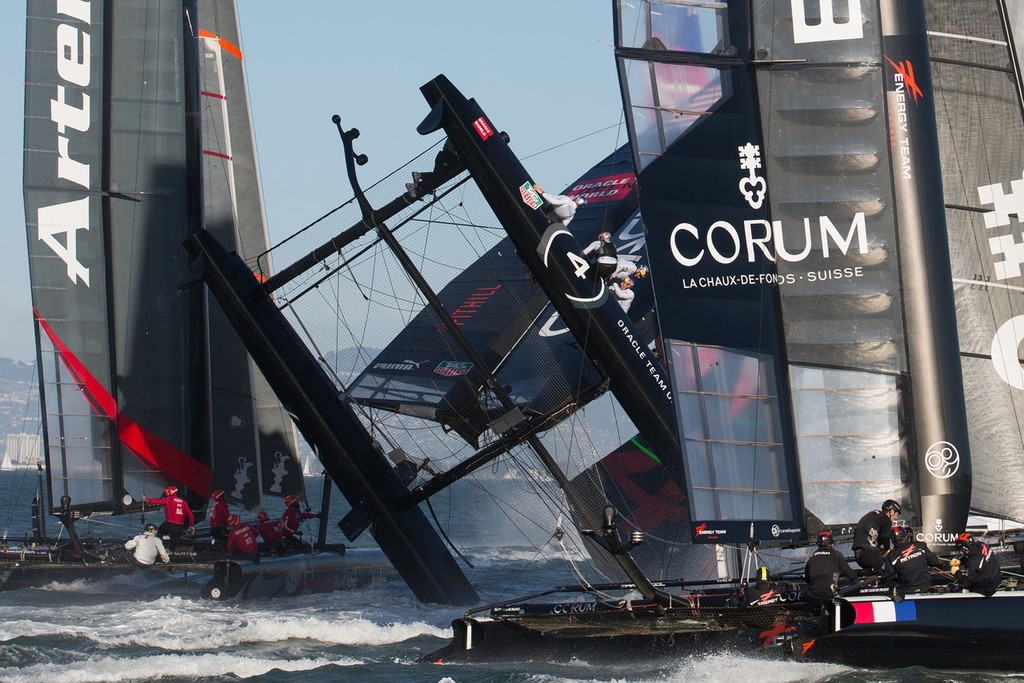 Oracle Spithill pitchpoles at the first mark of the fleet racing on Day 4 of the America’s Cup World Series photo copyright ACEA - Photo Gilles Martin-Raget http://photo.americascup.com/ taken at  and featuring the  class