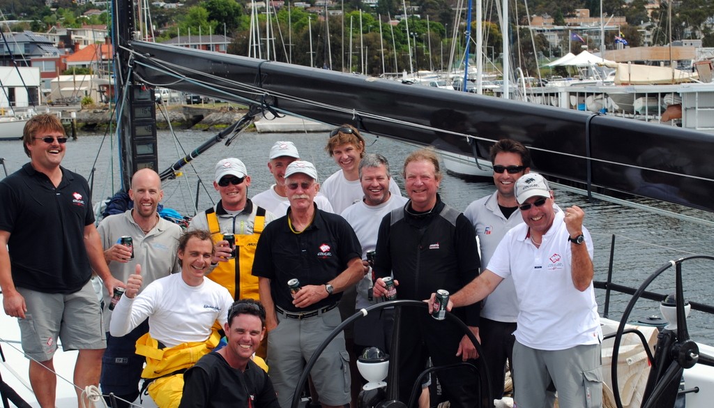 The crew of Cougar II celebrate the record breaking win in the Maria Island Race 2012 © Rob Cruse